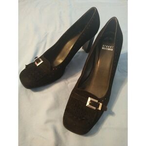 Stuart Weitzman Women's 8.5M Black Suede Loafer Pump Heel Kiltie Fringe EUC‎